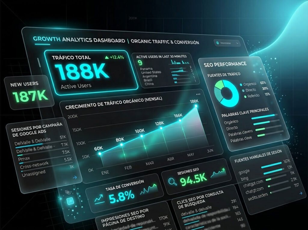 delvalledash Panel de control analítico ilustrando el crecimiento a 188 mil usuarios orgánicos mediante arquitectura SEO y optimización CRO para Delvalle & Delvalle.