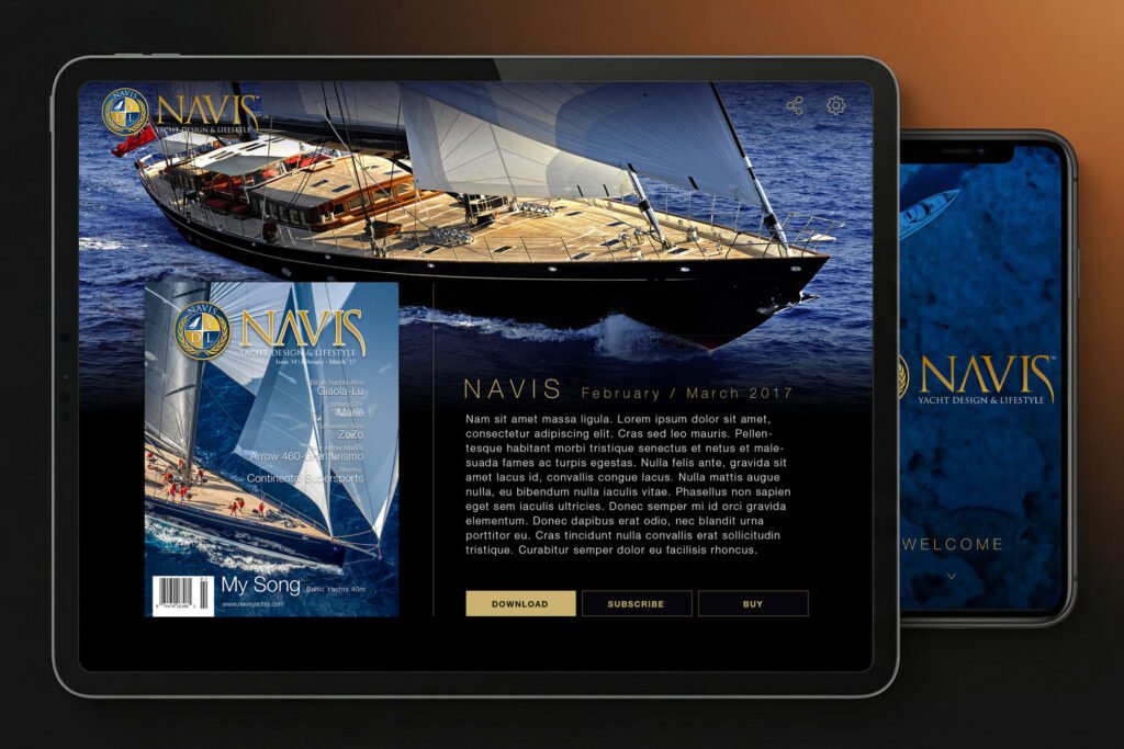 navisHOmes Mockup de iPad Pro mostrando el rediseño de interfaz UI/UX y la dirección de arte digital para la revista de lujo Navis Yachts.