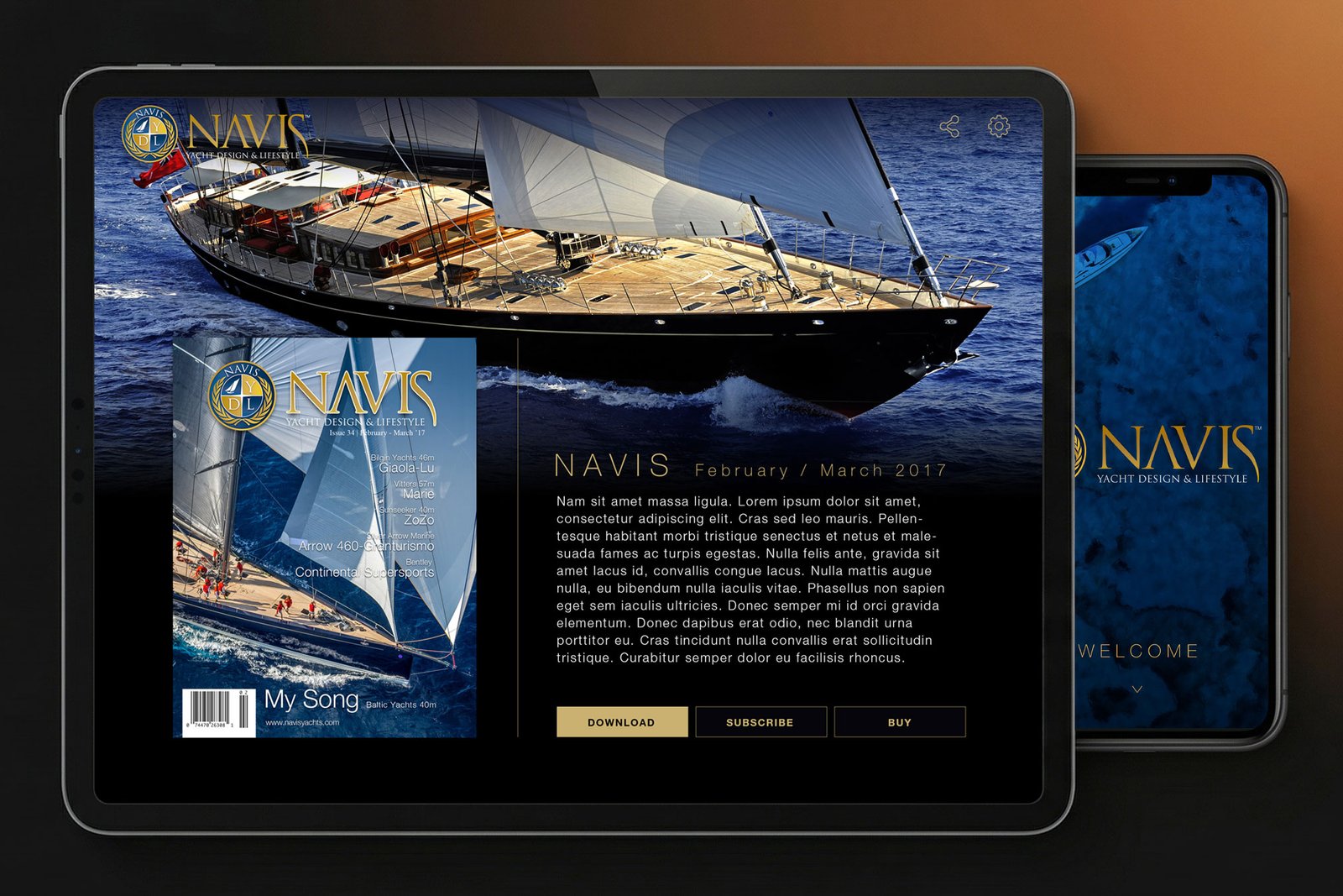Mockup de iPad Pro mostrando el rediseño de interfaz UI/UX y la dirección de arte digital para la revista de lujo Navis Yachts.
